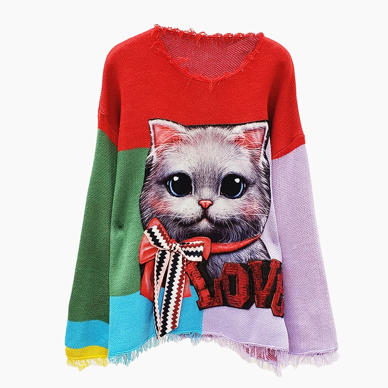 Autumn Jumper Women Streetwear Sweater Loose Pull New Cartoon Sequins Letter Bat Sleeve Befree Colour Knitted Sweaters Jacket
