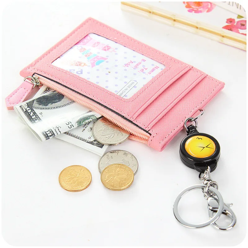 

Retractable Card Holder Women Business Credit card Cover for Kids Soild PU Leather ID Badge Cards Case Key Chain Bag Pendant