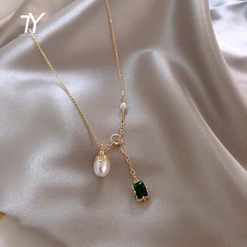 2021 New Elegant Baroque Pearl Pendant Gold Short Necklace For Woman Fashion Green Crystal Jewelry Sexy Girl's Clavicle Chain