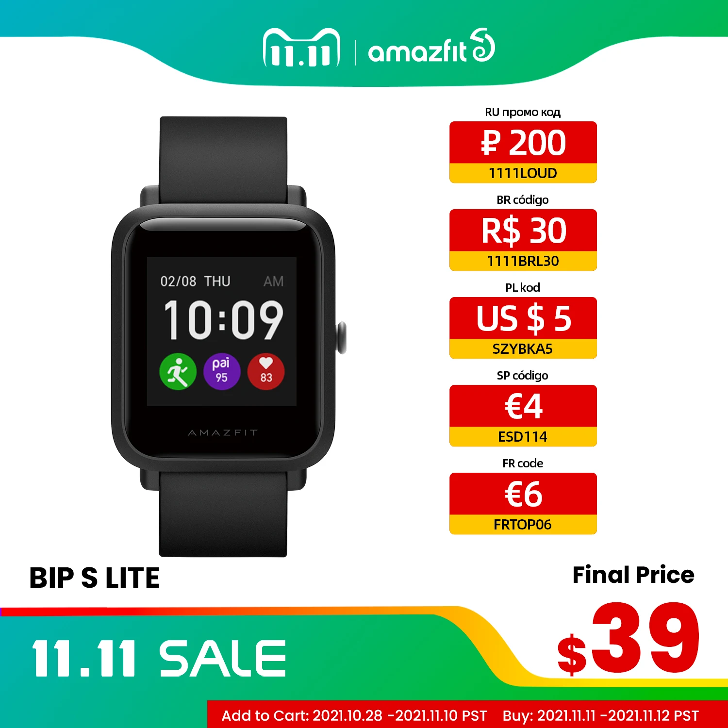  Умные часы Amazfit Bip S Lite с цветным дисплеем, водонепроницаемые (5 атм), 1,28 дюйма 