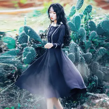 

2020 Spring Autumn Peter Pan Collar Dress women Preppy Style Long Sleeve Slim Mid-length Vintage Dress r291