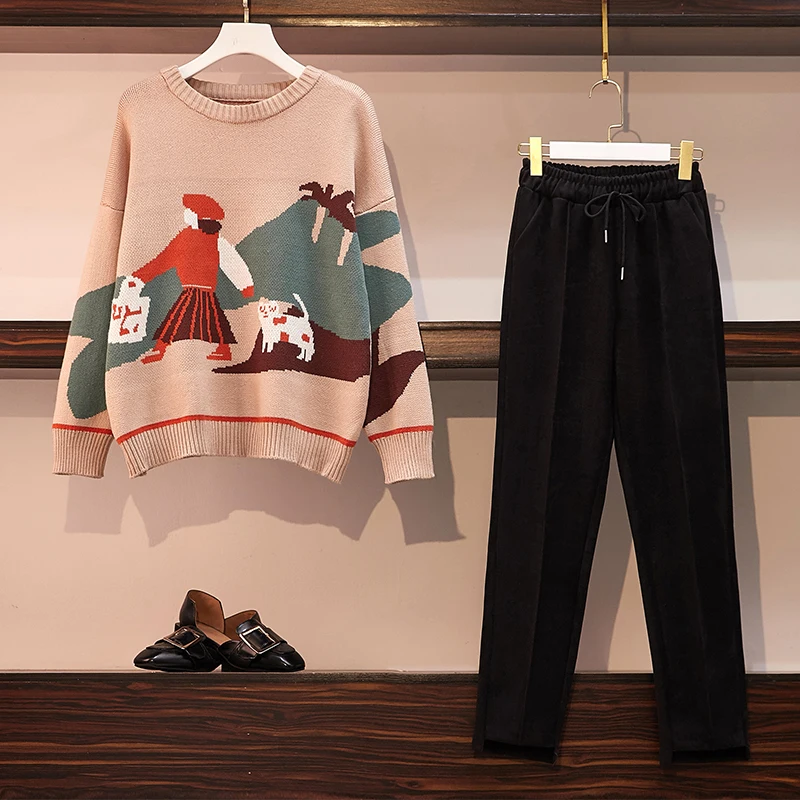 Khaki and black SWEETXUE, Женский комплект из 2 предметов, штаны, размера плюс, Осень-зима, вязаный, круглый вырез, узор, для девушек, свободный свитер, штаны, повседневный костюм - Цвет: Khaki and black