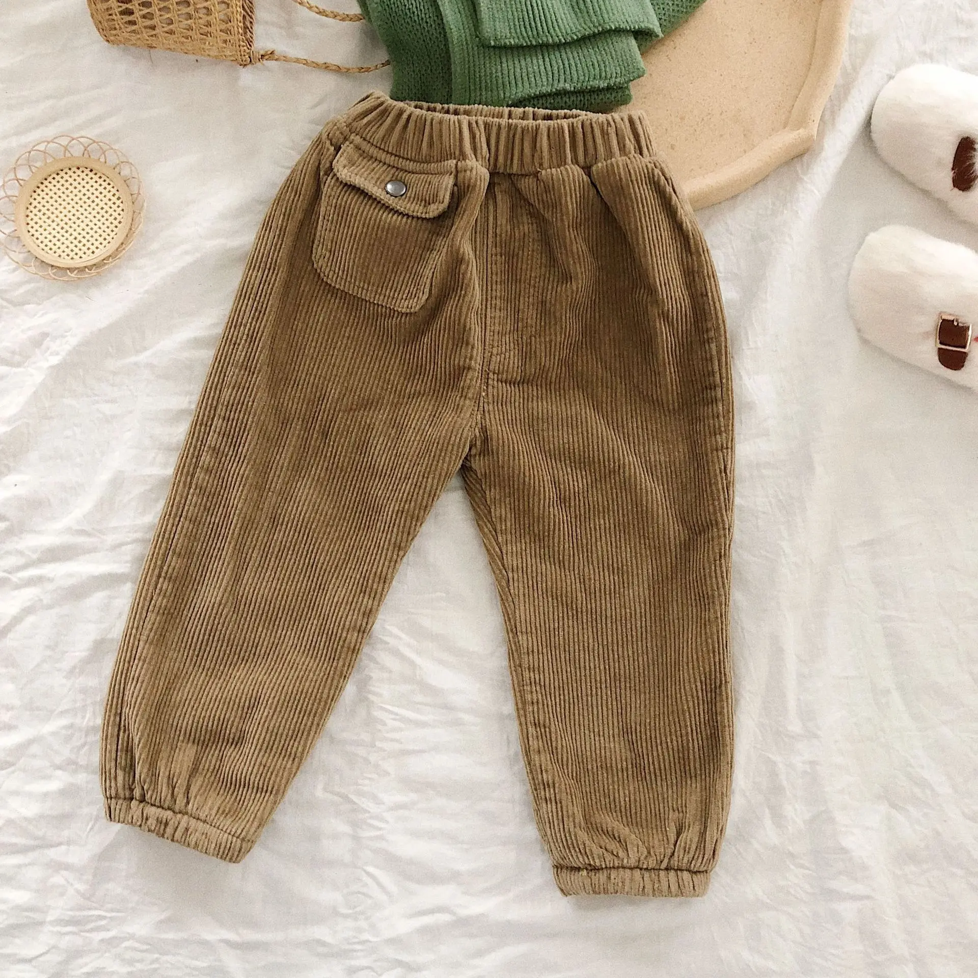 Children Boy Pocket Wicker Trousers Toddler Girl Warm Thicken Plus Velvet Casual Trousers Middle Waist Boys Cotton Bloomers Pant