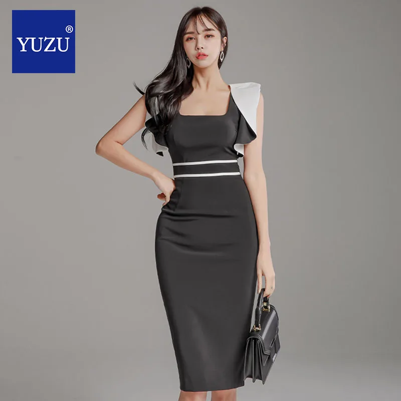 

Summer Dress Women Ruffles Pencil Spring Office Square Collar Sleeveless Patchwork Butterfly Sleeve Knee-length Bodycon Dresses