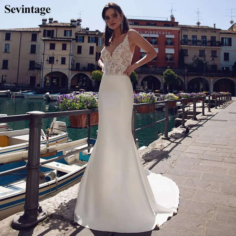 

Sevintage Mermaid Wedding Party Dresses Boho Appliques Lace Bridal Gown Soft Satin Open Back Princess Bride Dress Plus Size
