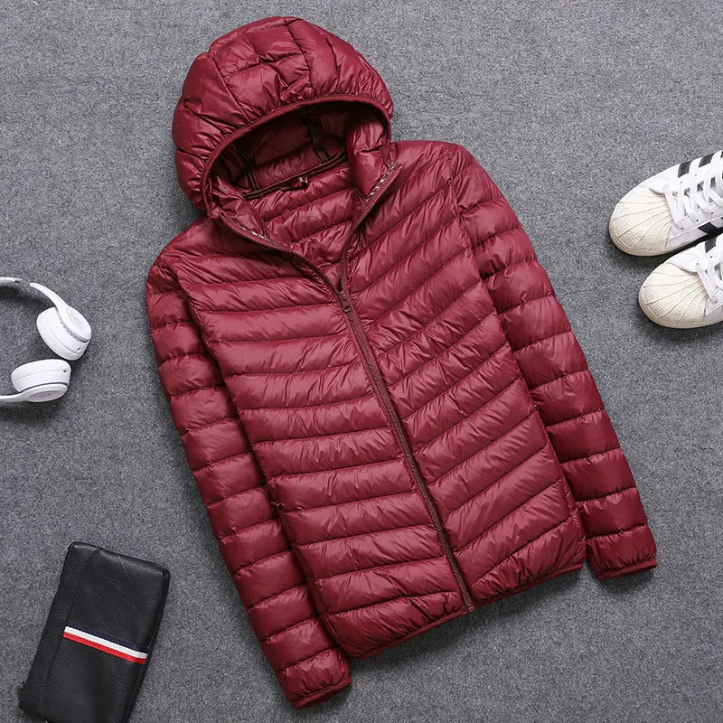 Plus Size S-5XL Mens Hooded Jacket Coat 90% Duck Down Filler Ultra Light Spring Autumn Male Winter Warm Coat+ Portable Bag