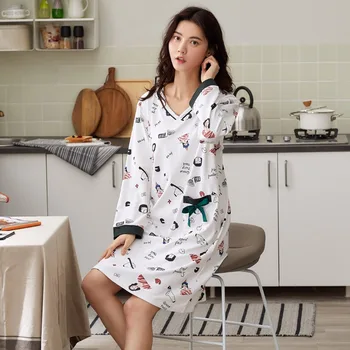 

2020 Spring Autumn 100% Cotton V-neck Nightgown for Women Long Sleeve Sleepwear Korean Student Home Dress Night Dress Nightdress