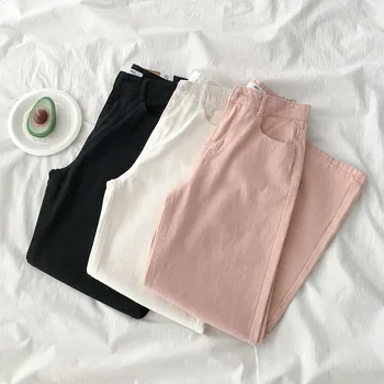 

long maxi denim women pants 2020 summer new solid pink high waist wide leg sweet female girl pants top quality