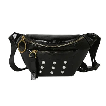 

Diamonds Waist Leather Bag Woman Black Fanny Pack for Women Waterproof Phone Pouch Fashion Chest Bag Waist Pack Banana BumBag