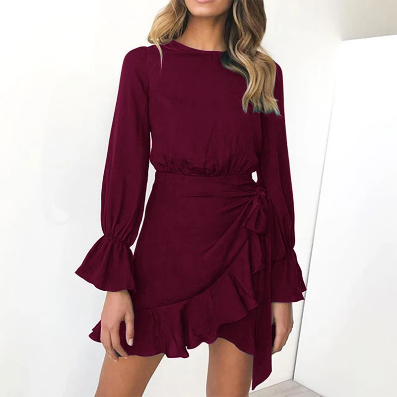 Tanie Jesień kobiety sukienka z długim rękawem wzburzyć hem mini sukienka letnia jednolita sukienka kopertowa robo femme club krótka sukienka na imprezę vestidos z paskiem