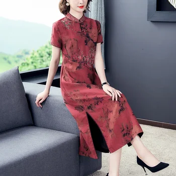 

2020 Free Shipping New Spring Summer Silk Dress Female Long High-end Silk Dress Improved Qipao Dress Women Chinese Dresses