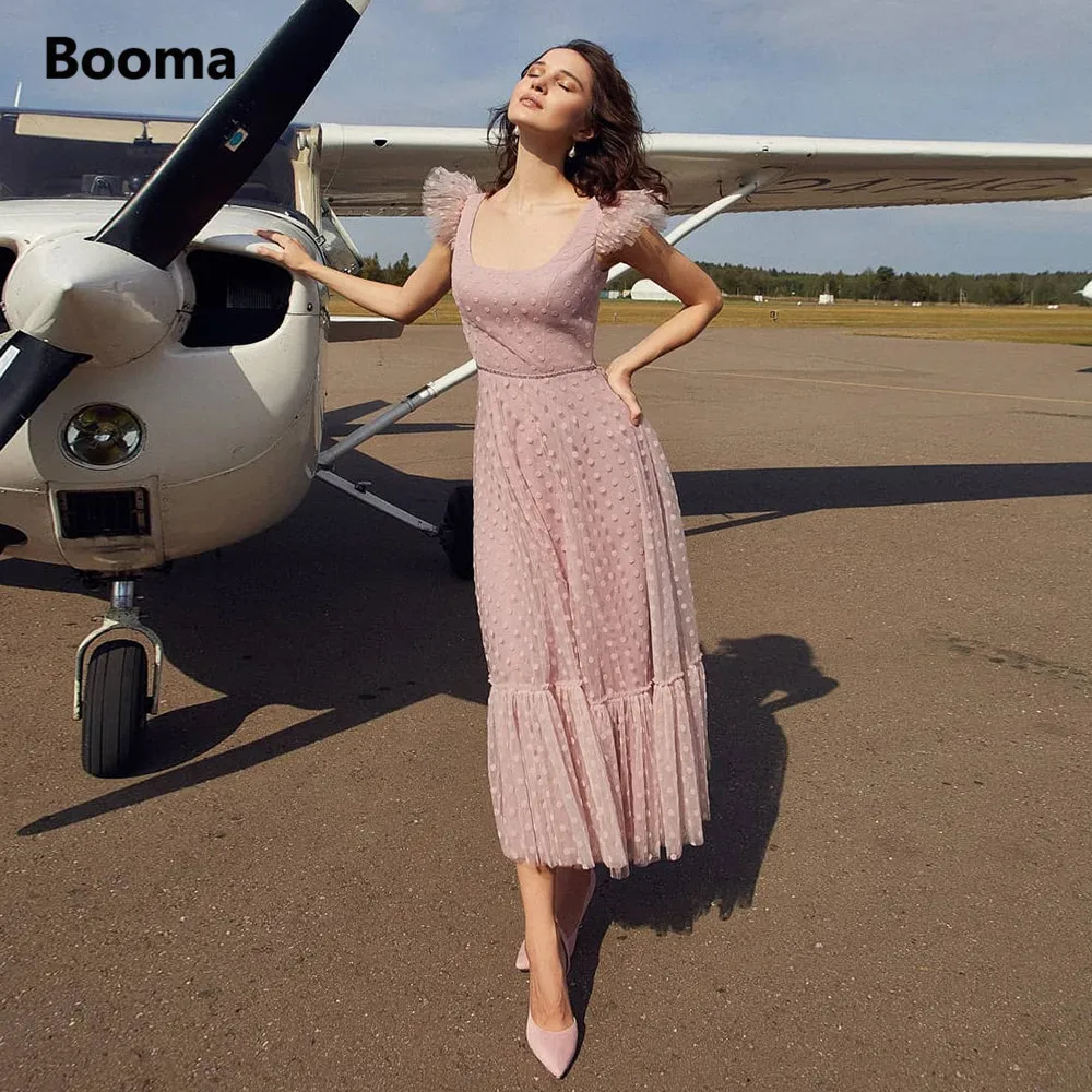 

Вечернее платье-миди Booma, розовое, в горошек, из тюля, с коротким рукавом-фонариком, с вырезом на спине, ТРАПЕЦИЕВИДНОЕ, для выпускного вечера