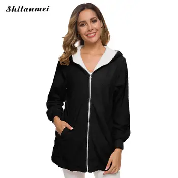 

Hooded Plush Jacket Casual Loose Solid Color 2019 Winter Coat Women Zipper Pockets Basic Coat Fashion Thicken Plus Size Jackets