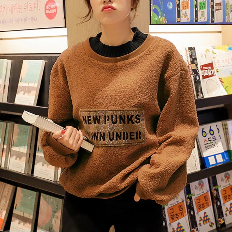 Brown Sweatshirt Женские свитшоты, Зимние флисовые толстовки с имитацией двух частей, женские свободные плотные бархатные теплые пуловеры с длинным рукавом, свитшоты - Цвет: Brown Sweatshirt