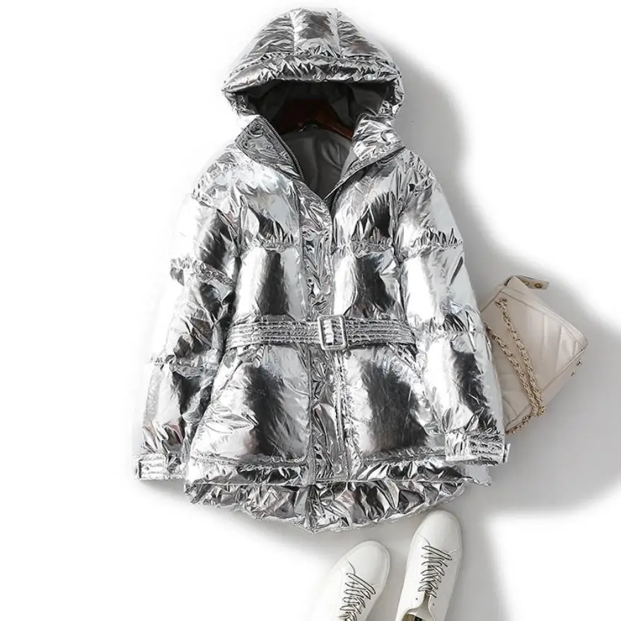 bight silver Зимнее блестящее серебряное пальто с капюшоном, теплое пуховое пальто для женщин, тонкий пуховик, теплая куртка, толстые теплые парки с поясом F797 - Цвет: bight silver