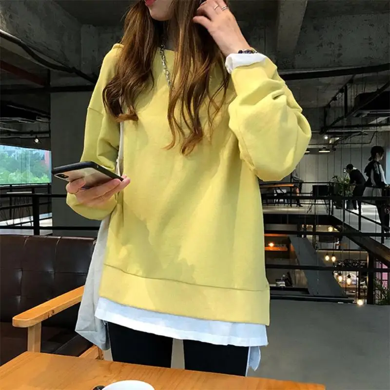 

Fashion Women Sweatshirt O-Neck Pullover Long Sleeve Solid Color Loose Tops Autumn Chic Patchwork Splits Fake Two Pieces Top