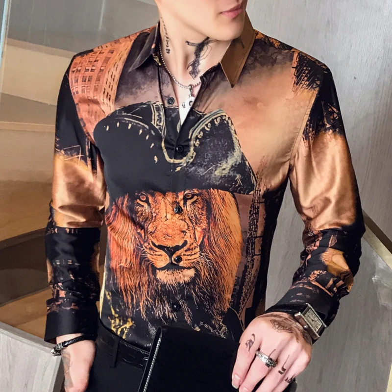 

Lion Head Shirt Men DJ Singer Camisa Homem Prom Camisa Masculina Luxury Gold Animal Print Shirt Men Long Sleeve 2019 Party Club