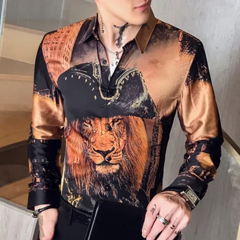 

Lion Head Shirt Men DJ Singer Camisa Homem Prom Camisa Masculina Luxury Gold Animal Print Shirt Men Long Sleeve 2019 Party Club