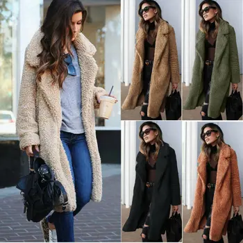 

Winter Women Teddy Bear Faux Fur Coat Lapel Knee-Length Long Jacket Outwear Top Clothes