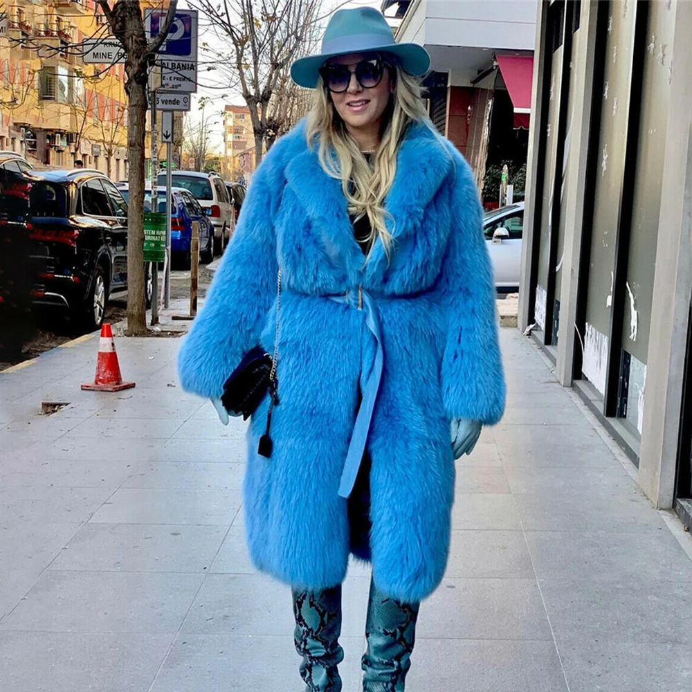 Fashion Blue Color Genuine Fox Fur Coat With Turn-down Collar Winter New Women's Real Fox Fur Coats Natural Fur Overcoats 2022