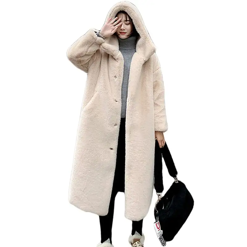 beige Для женщин зимнее пальто с искусственным с мехом кролика длинное пальто Женская Толстая Тёплая куртка с капюшоном леди Повседневное свободные мягкие плюшевые меховые пальто N160 - Цвет: beige