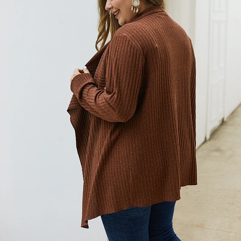 Spring new knitted jacket top 3XL-7XL bust 129CM fashion lapel long sleeve solid color sweater coat