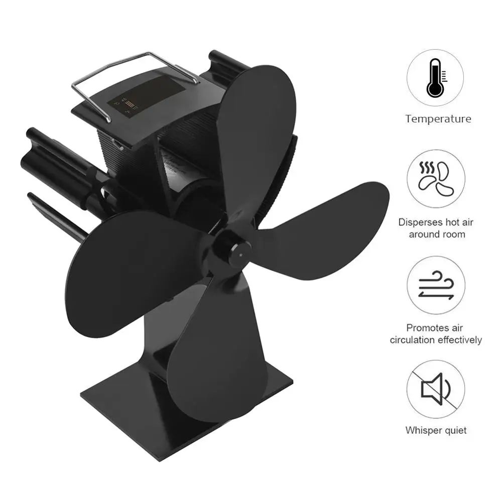 Fireplace Wood Burner with 4-blade Fan Hot Black Eco Ultra-quiet Blower without Battery or Power with Temperature Display