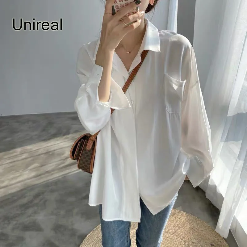 

Unireal 2022 Summer Oversized Tops Women White Shirt Long Sleeve Loose Casual Cotton Blue Shirt Blouse