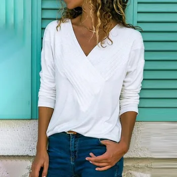

2020 Hot Sale Spring Women Sexy V-neck Pleated Front Shirt New Style Fashion Color Long Sleeve Tops Ladies Loose T-shirts