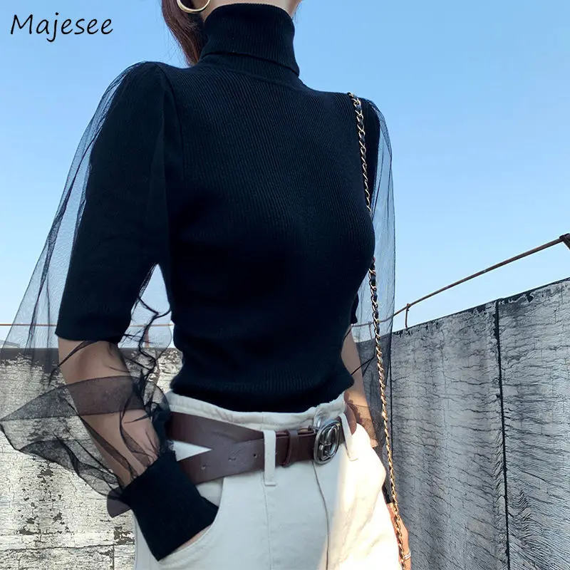 Turtleneck Sweater Women Solid Mesh Korean Style Design Breathable Slim High Street Stylish Leisure Elegant Ladies Tops Spring | Женская