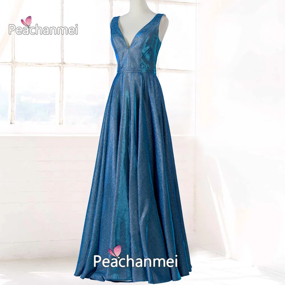 V Neck Long Charming Sparkle Evening Dress Robe De Soiree A Line Glitter Sequins Prom Dress Sexy Backless Party Ball Gowns 2020