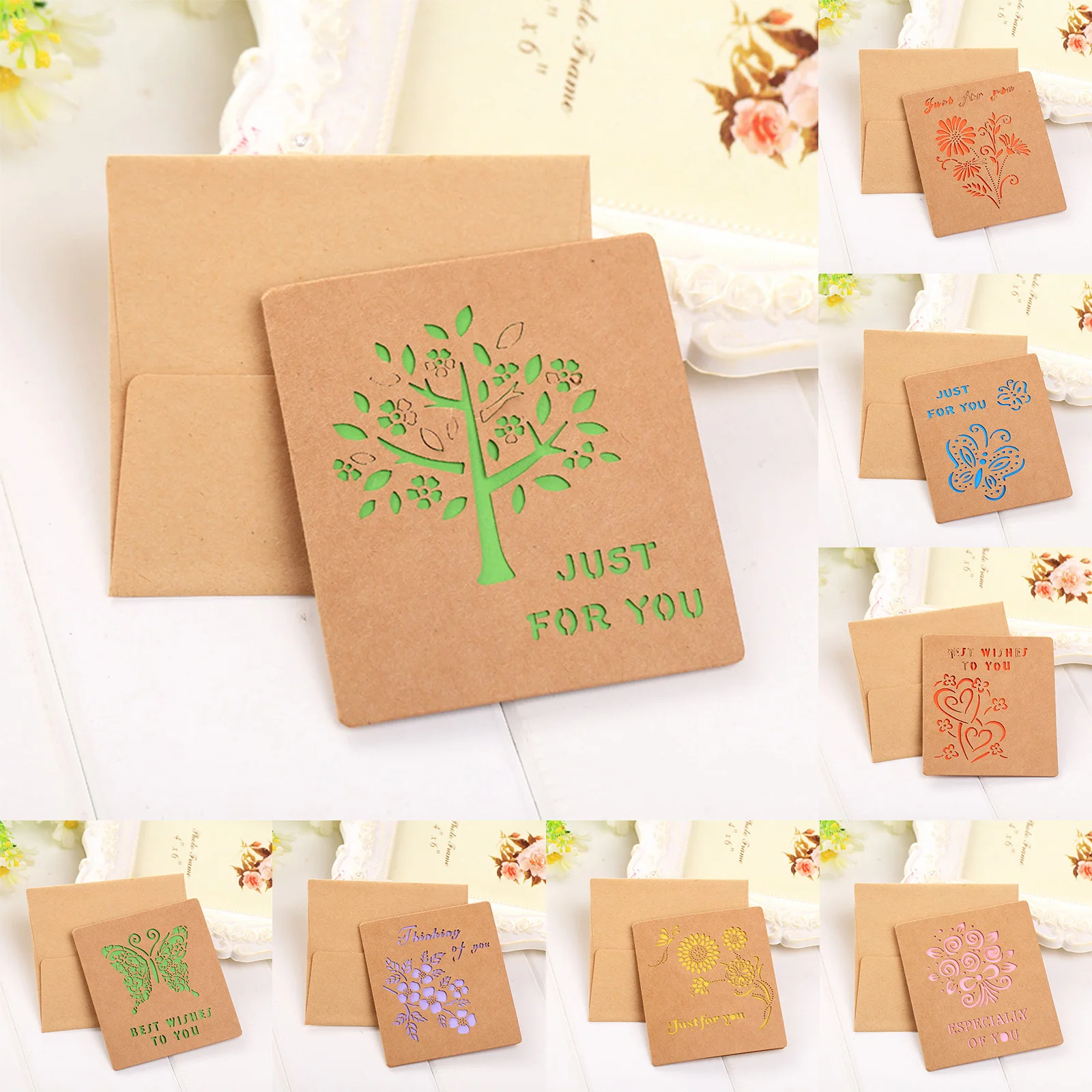 

5 Sets (5PCs Kraft Paper+5PCs Envelopes )Small Card Birthday Mother's Day Greeting Card Hollow Blessing Card Envelope 8.9x7cm