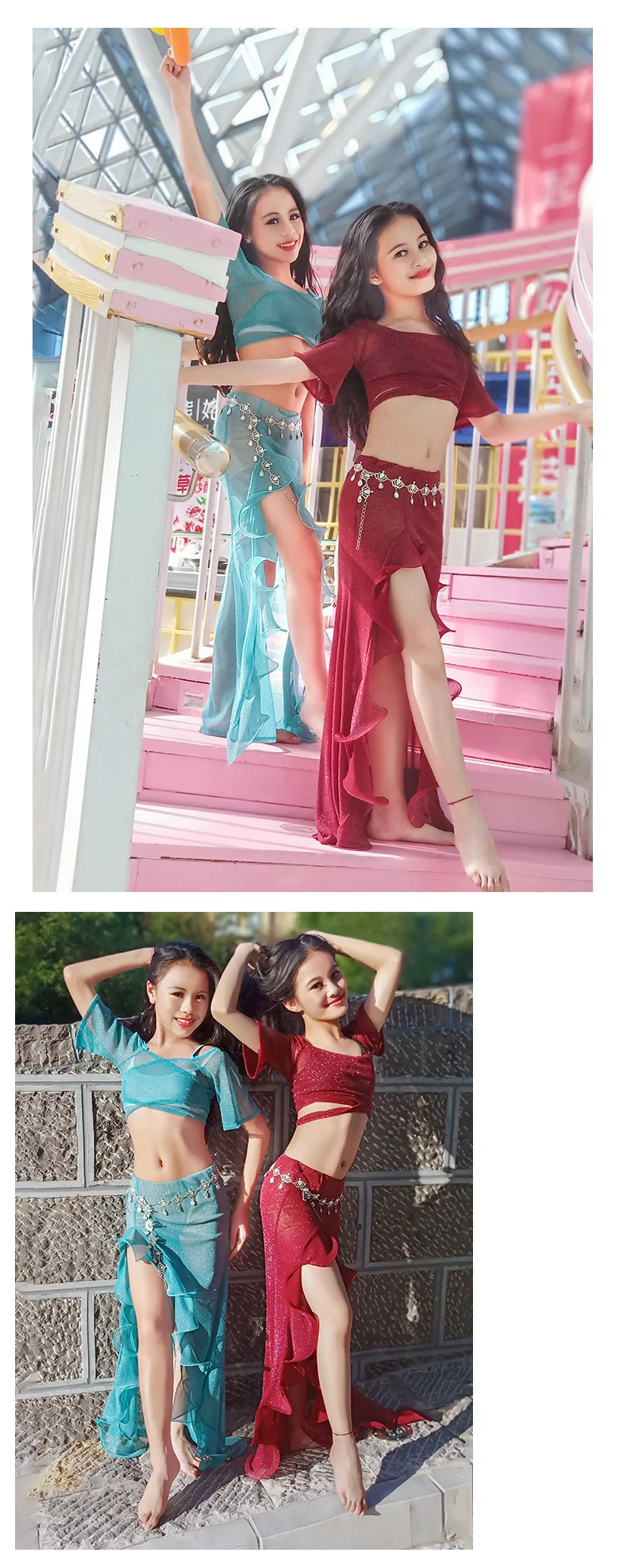2 Piece Girls Belly Dance Skirt Long Sleeve Mesh Top Side Slit Skirt Autumn Winter Children Oriental Dance Practice Show Wear L