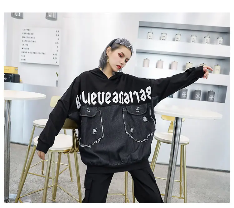 XITAO Tide Patchwork Burr Denim sweatshirt Letter Print Women Clothes Fashion Plus Size Hoodies Full Sleeve Top New WQR2103