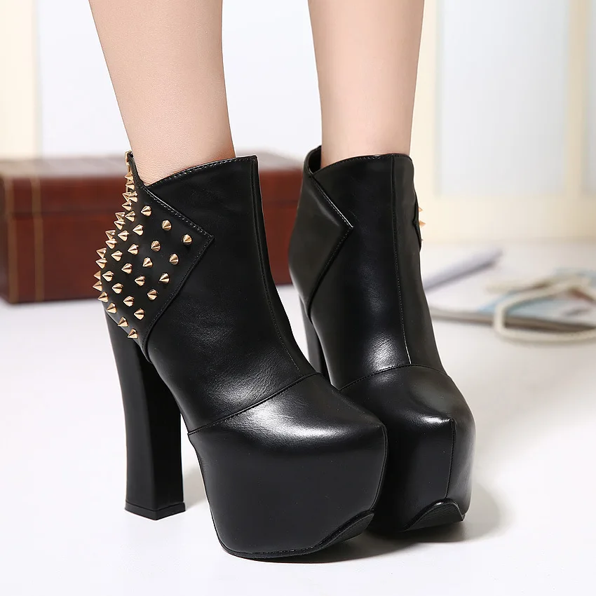 

2019 Autumn And Winter Hot Models Western Style in Waterproof Platform Chunky-Heel Ultra-High-Heel Short Boots Women's 14cm High