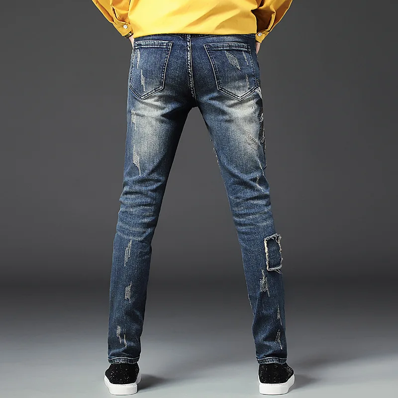 Индийский Череп Вышивка отверстия мужские тонкие прямые джинсы синие стрейч хлопок деним рваные цветные модные брюки