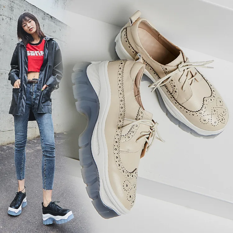 

England 2019 Autumn New Style Genuine Leather Bullock Shoes Women's Versatile Lace-up Thick Bottomed Fashion Street Snap Platfor