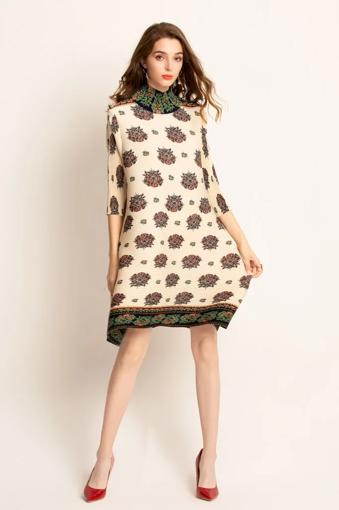 High neck print dress middle sleeve digital flower print loose dresses