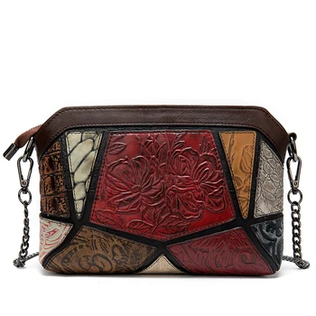 

Women Shoulder Crossbody Embossed Bags Patchwork Ladies Travel Bohemian Style Chain Female Small Messenger Genuine Leather Bag