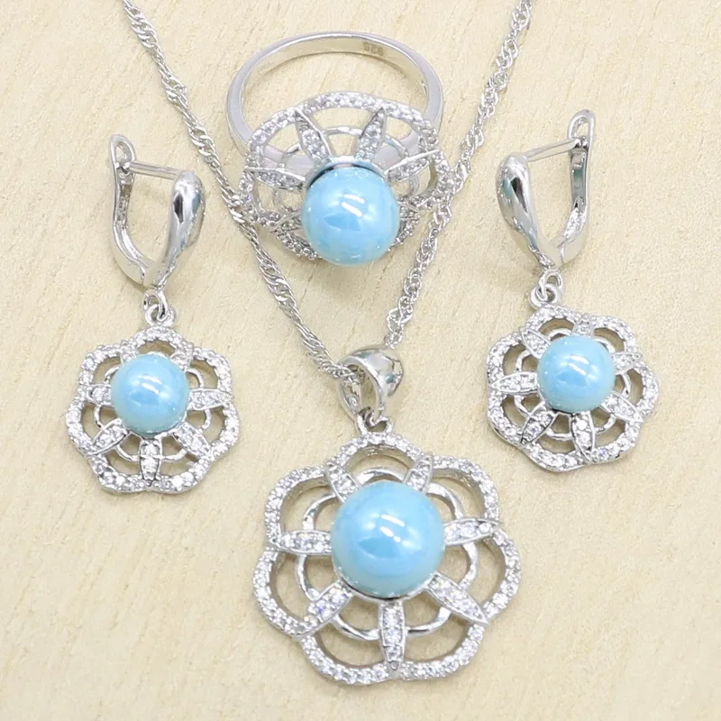 Gary Blue Pearl 925 серебряные ювелирные наборы женское ожерелье День рождения кулон кольца Подарочная упаковка для сережек