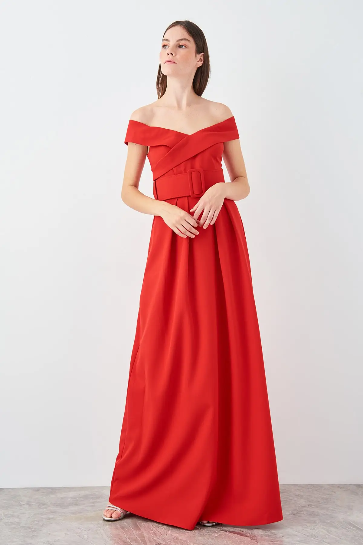Trendyol Red Arched Carmen Collar Evening Dress TPRSS19AE0140 | Свадьбы и торжества