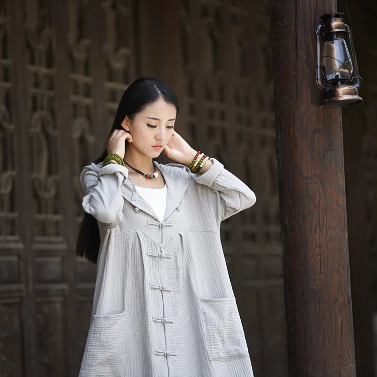Black Red Long sleeve Hooded Women Long Coat Novelty design Chinese style Trench Coats Plus size Autumn Robe Coat