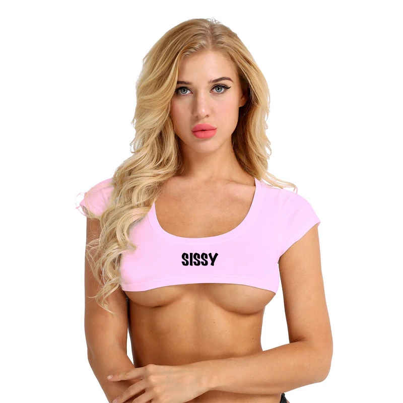 Розовый отрезать футболка микро Топ укороченный женщина сексуальная пиковая королева рабыня slut БДСМ TH88 - Цвет: SISSY