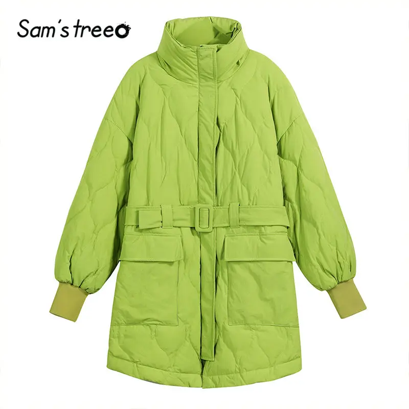 Samstree/зеленое однотонное Теплое повседневное зимнее пальто на молнии с поясом для женщин, Женская куртка с рукавом Бишоп, верхняя одежда