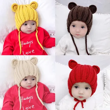 

Infants Beanie Baby Hats Bear Winter Knitted Caps with Earflaps for 6-30 Months Baby Warm Crochet Knit Ear Hat Pompom Beanie Cap