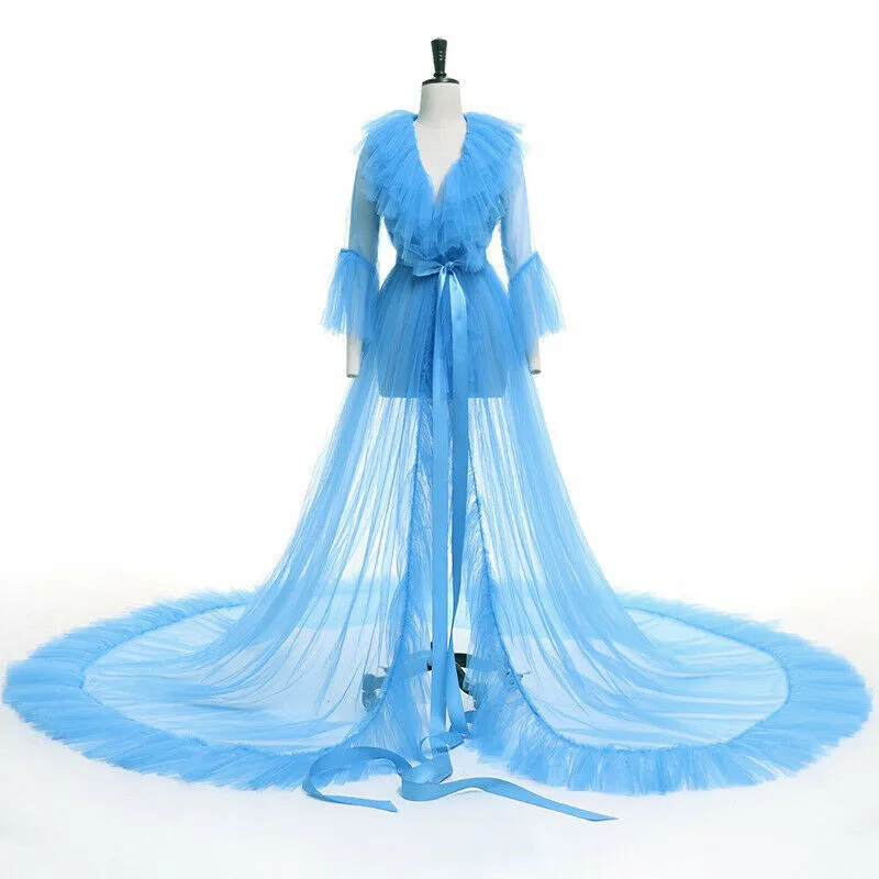 Сексуальное женское нижнее белье, кружевное прозрачное Сетчатое фатиновое платье с v-образным вырезом и многослойными оборками, макси, длинный банный халат платья для сна - Цвет: Синий
