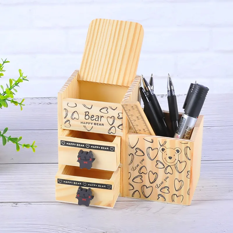 

Wooden DIY Multi-functional Cute Little Bear Pen Container Creative Office Supplies Fashion Pen Container