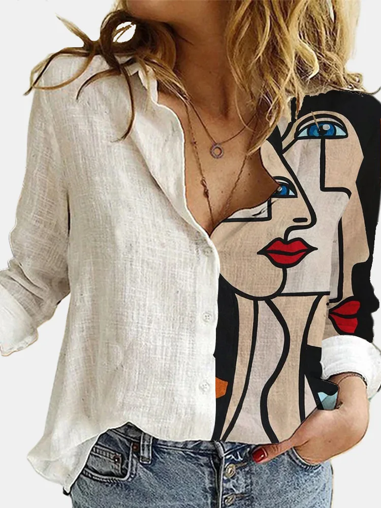 Aprmhisy Turn Down Collar Long Sleeve Blouse Women Shirts Elegant Print Autumn Casual Office Button Shirt Tops