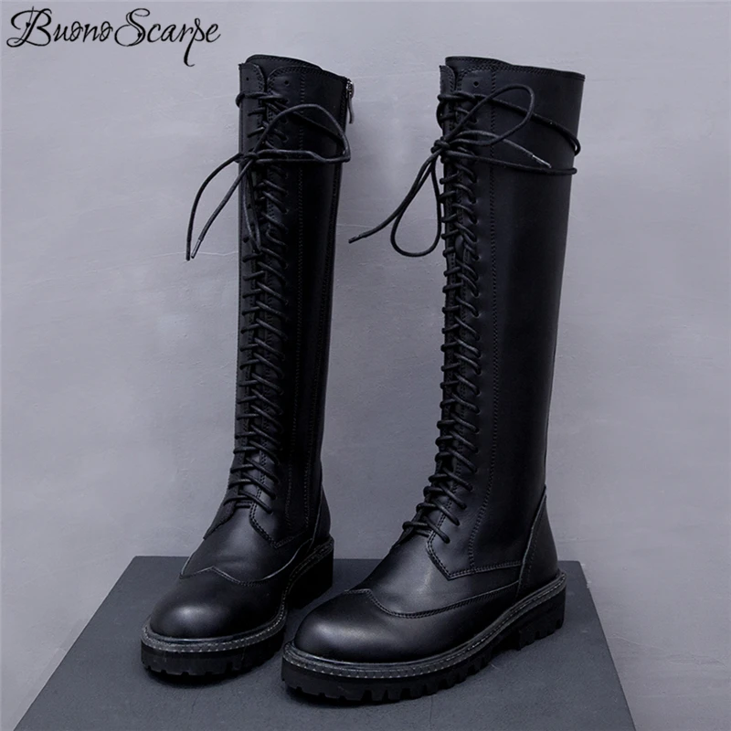 Buono Scarpe/модные женские сапоги до колена; черные кожаные женские ботинки с перекрестной шнуровкой; обувь в байкерском стиле в стиле панк; повседневные женские сапоги; Mujer
