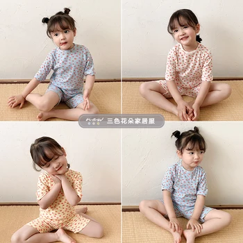 

girl fresh and sweet short sleeve tops and pants two piece sets summer new children home clothes baby pajamas